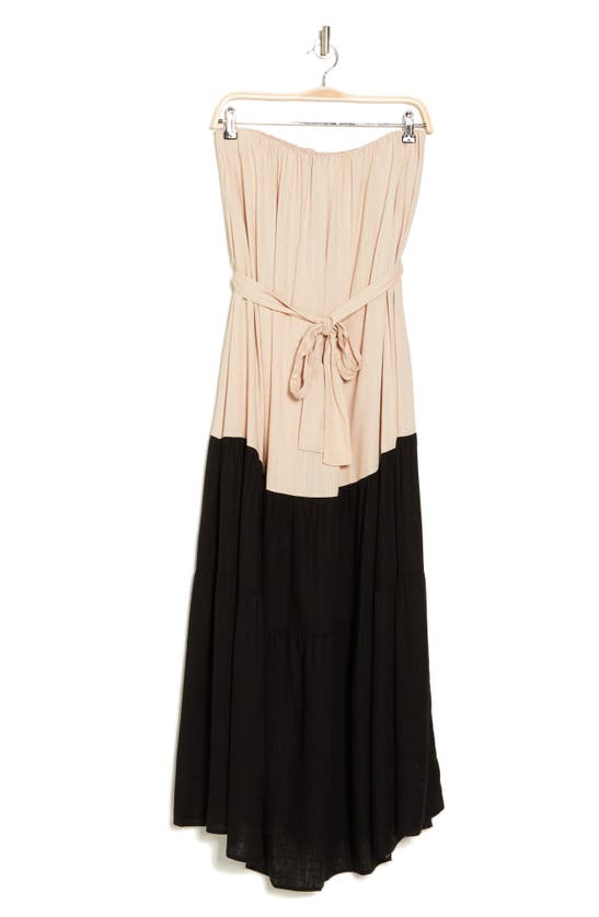 Shop Lumiere Strapless Colorblock Midi Dress In Beige Black