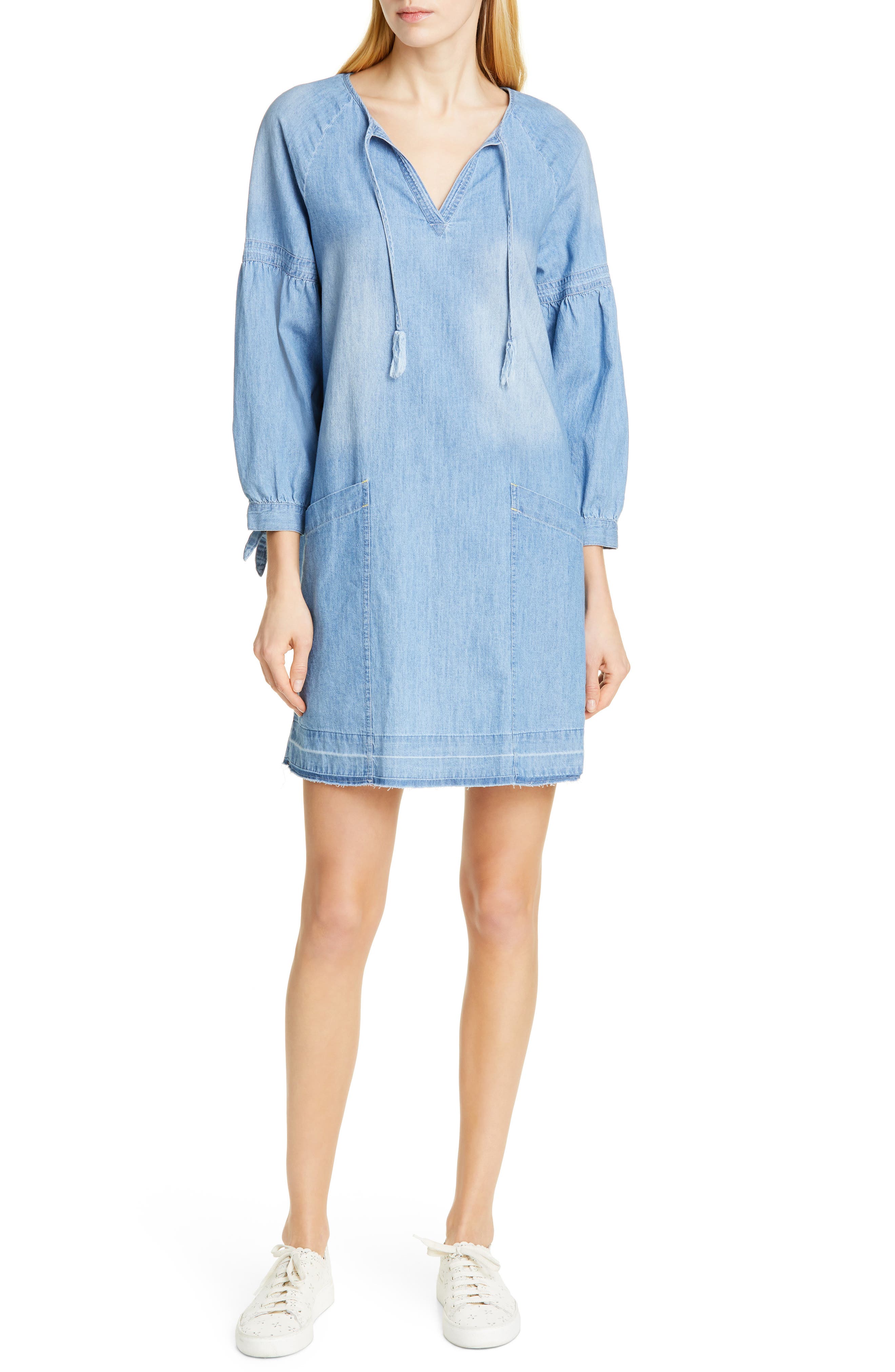 Dolan Kim Split Neck Cotton Chambray Shift Dress, Blue