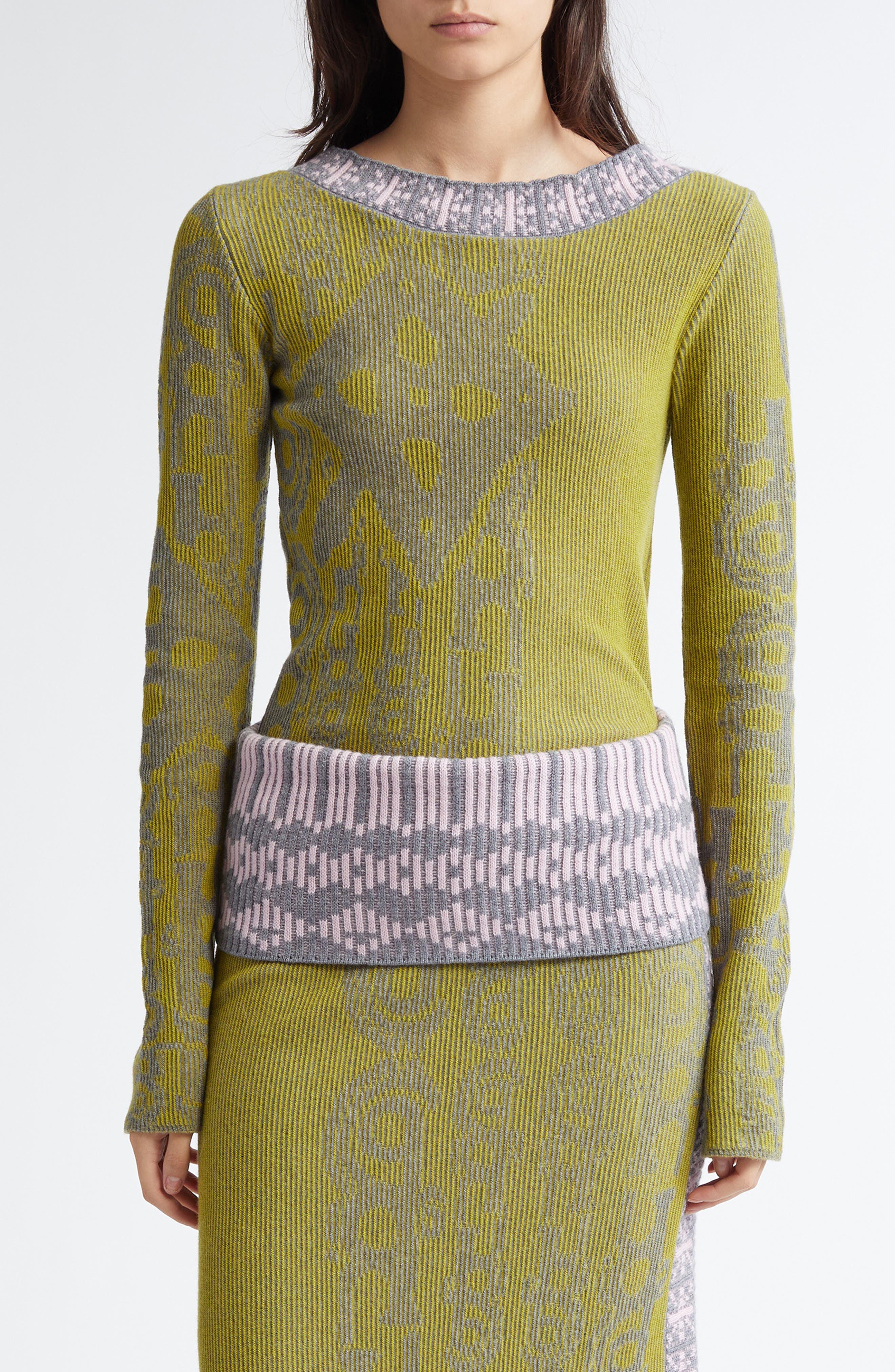 Paolina Russo Illusion Wool Jacquard Sweater in Chartreuse/Stone/Pink 
