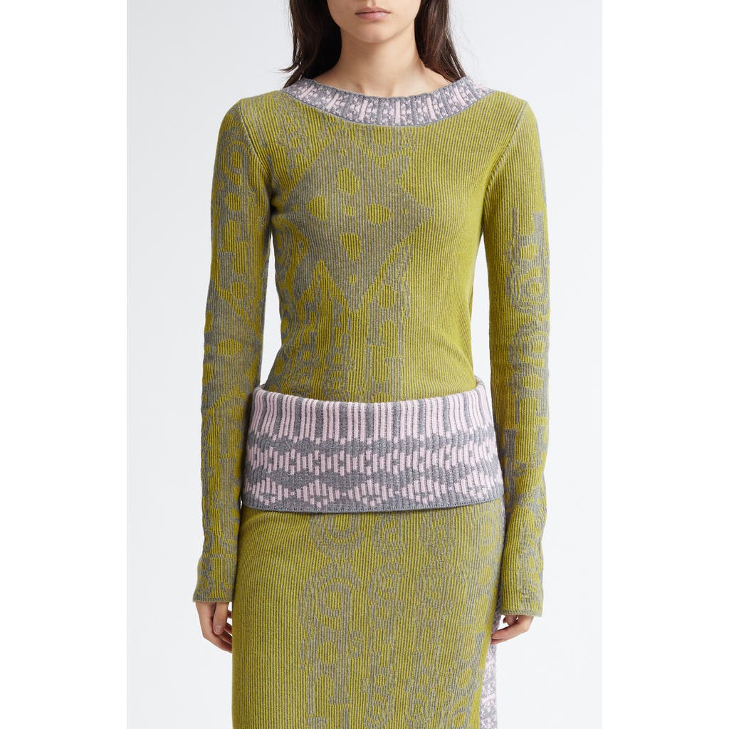Paolina Russo Illusion Wool Jacquard Sweater in Chartreuse/Stone/Pink