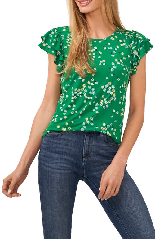 CeCe Floral Print Double Ruffle Sleeve Top in Green