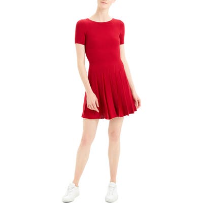 Theory Pleated Fit & Flare Dress, Red