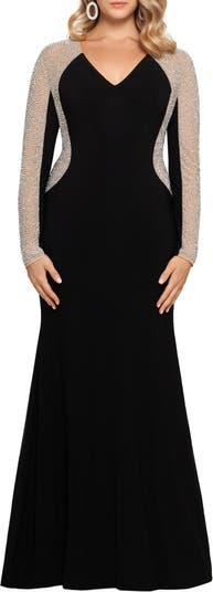Black crêpe dress with crystal embroidered neckline and sleeves
