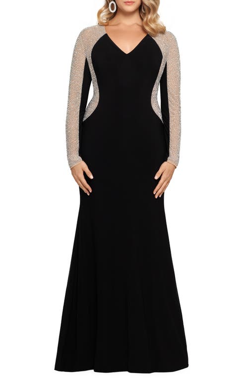 Xscape Evenings Crystal Beaded Long Sleeve Gown Black Nude Silver at Nordstrom