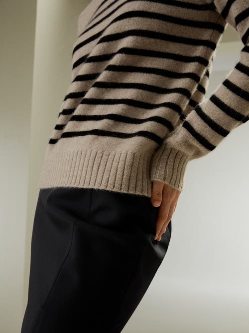 Lilysilk Striped Round Collar Cashmere Sweater In Brown