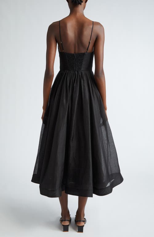 Zimmermann Illustration Pleated Linen And Silk-blend Midi Dress In Black