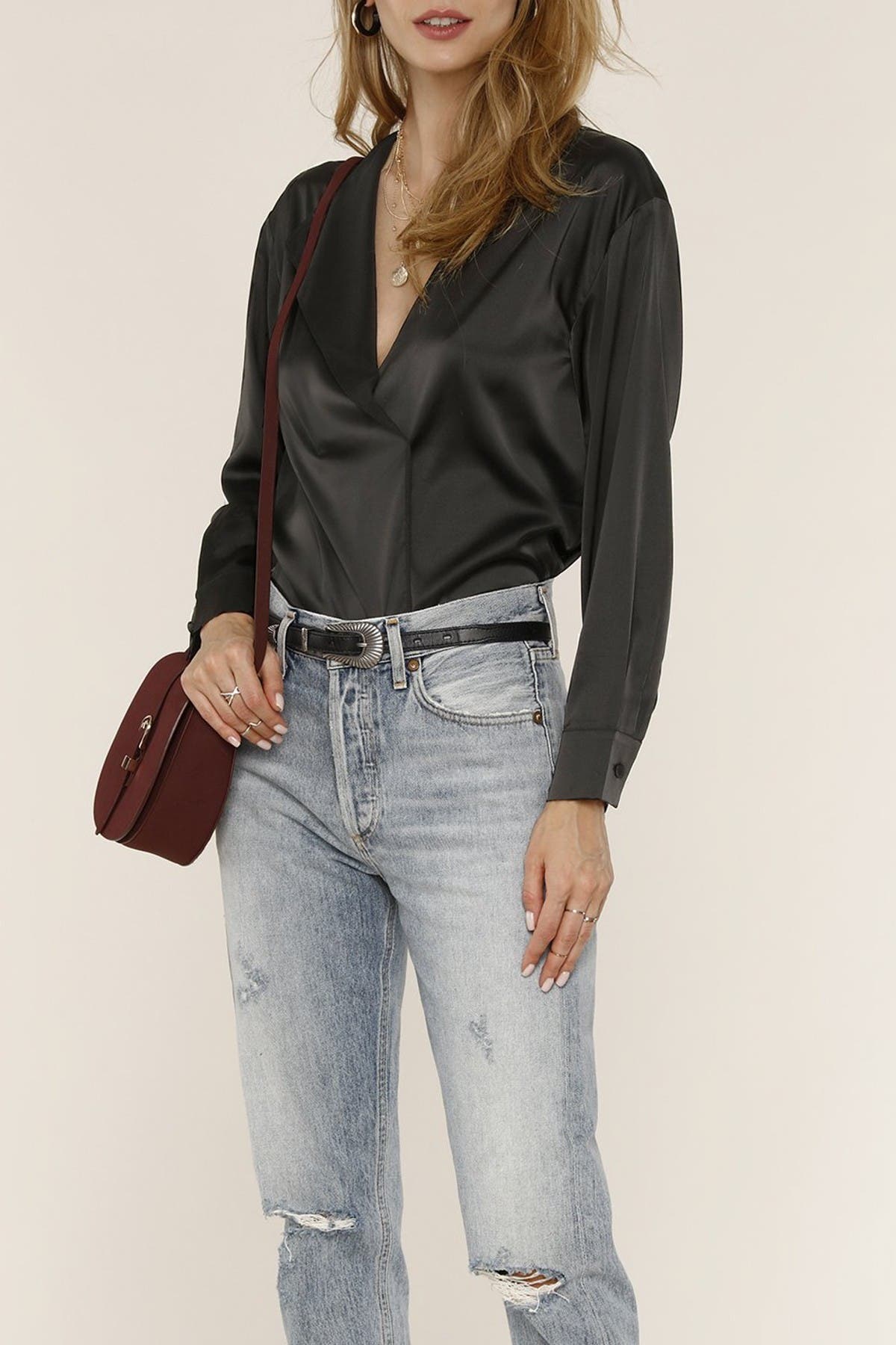 gray satin blouse