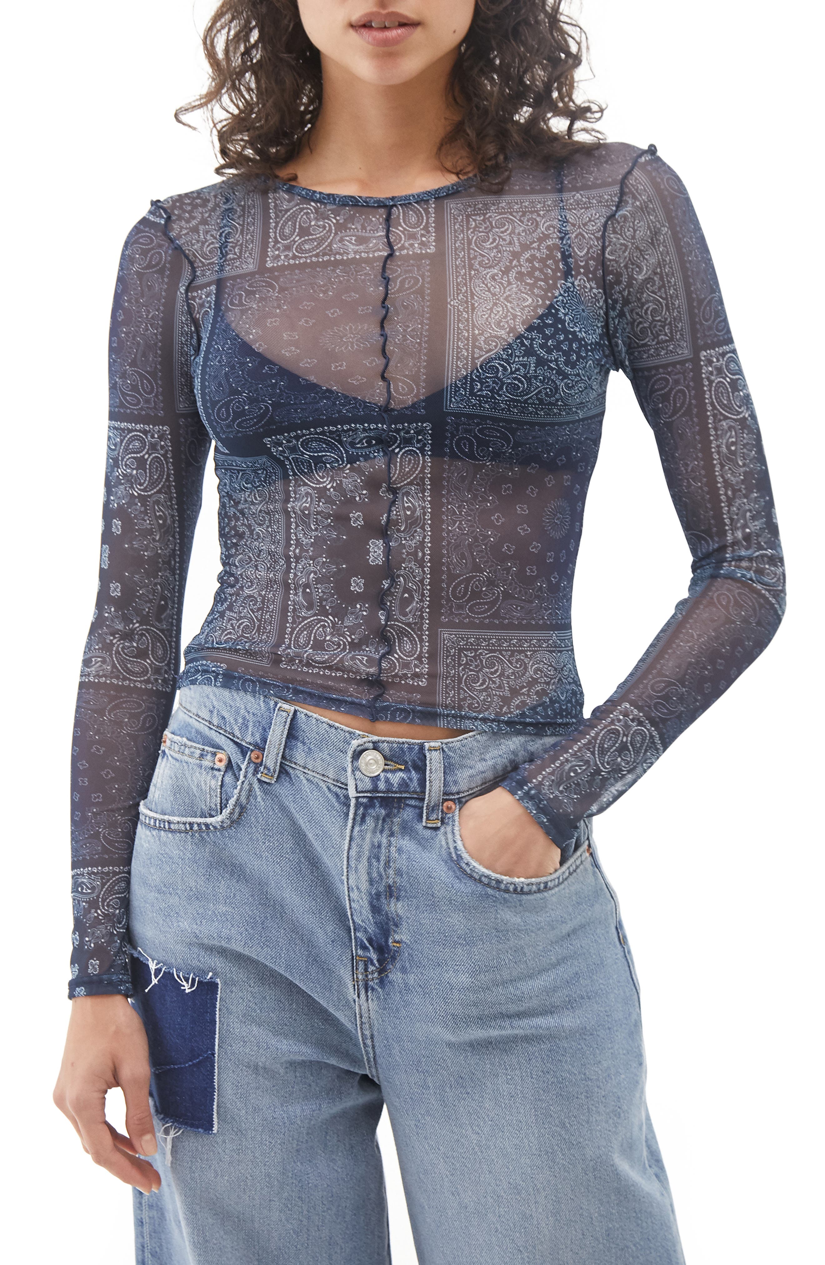 mesh top and jeans