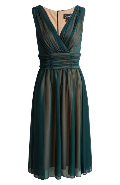 Connected Apparel Chiffon Overlay Fit & Flare Dress In Hunter/gold