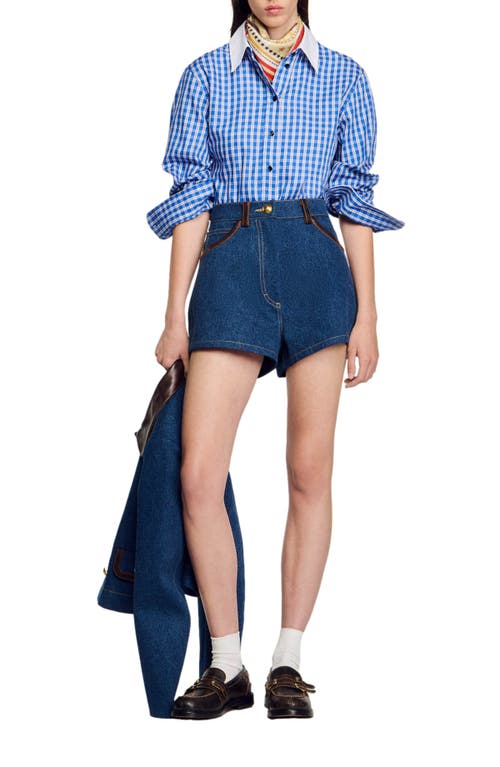 Shop Sandro Denim Shorts With Leather Details In Blue