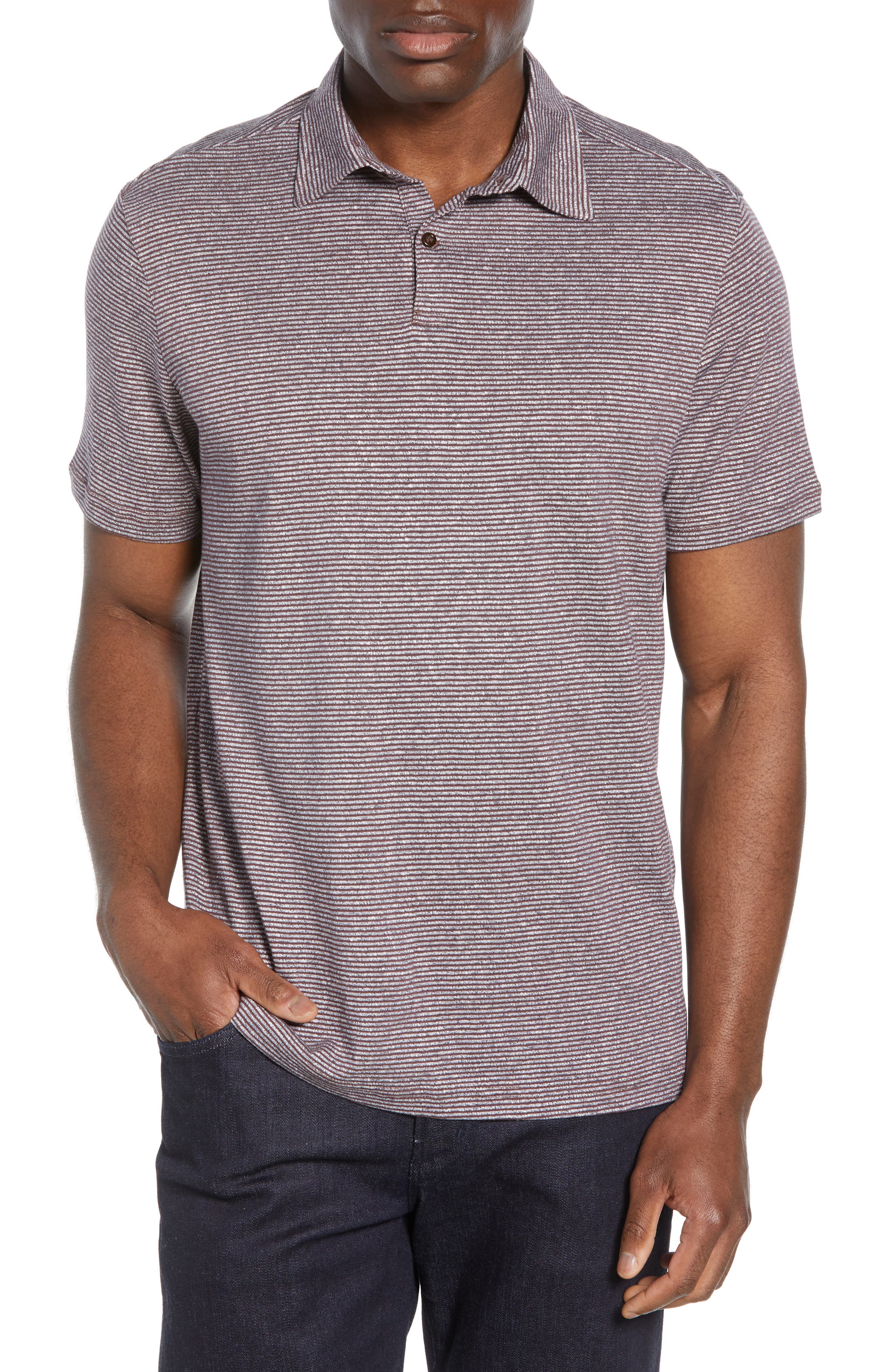 Nordstrom Signature Stripe Cotton & Linen Polo Shirt, Burgundy