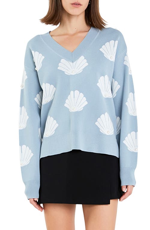 English Factory Shell Motif Sweater In Sky Blue/white