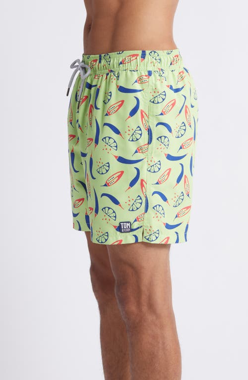 Shop Tom & Teddy Chilli Print Performance Swim Trunks In Lime/blue