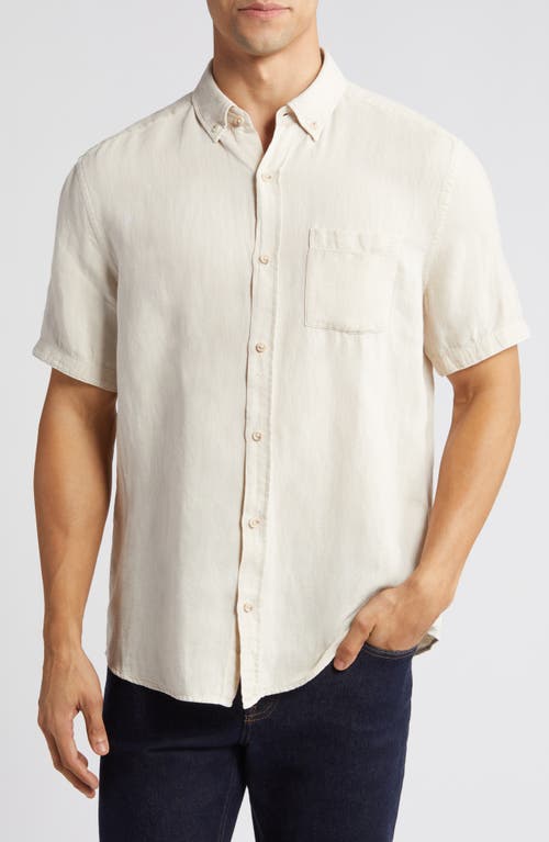 Antique Dyed Linen Blend Short Sleeve Button-Down Shirt in Light Gray