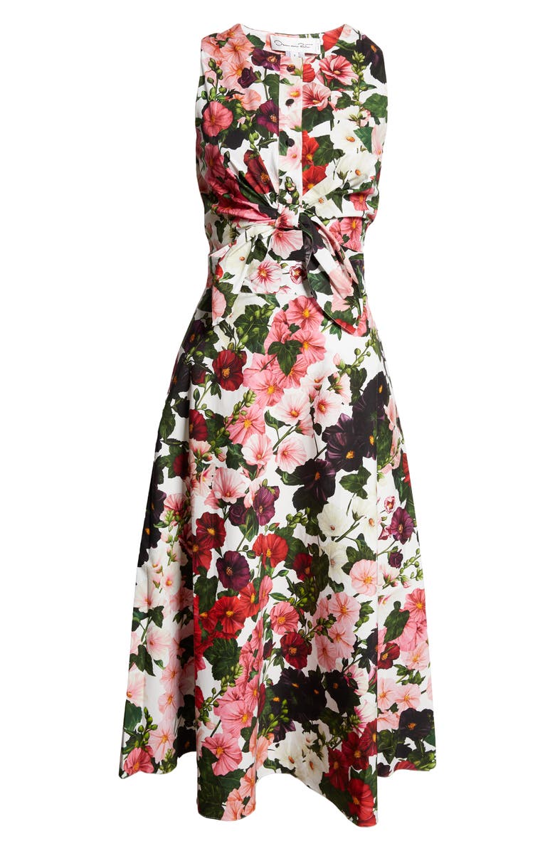 Oscar de la Renta Hollyhock Print Tie Waist Sleeveless A-Line Dress ...