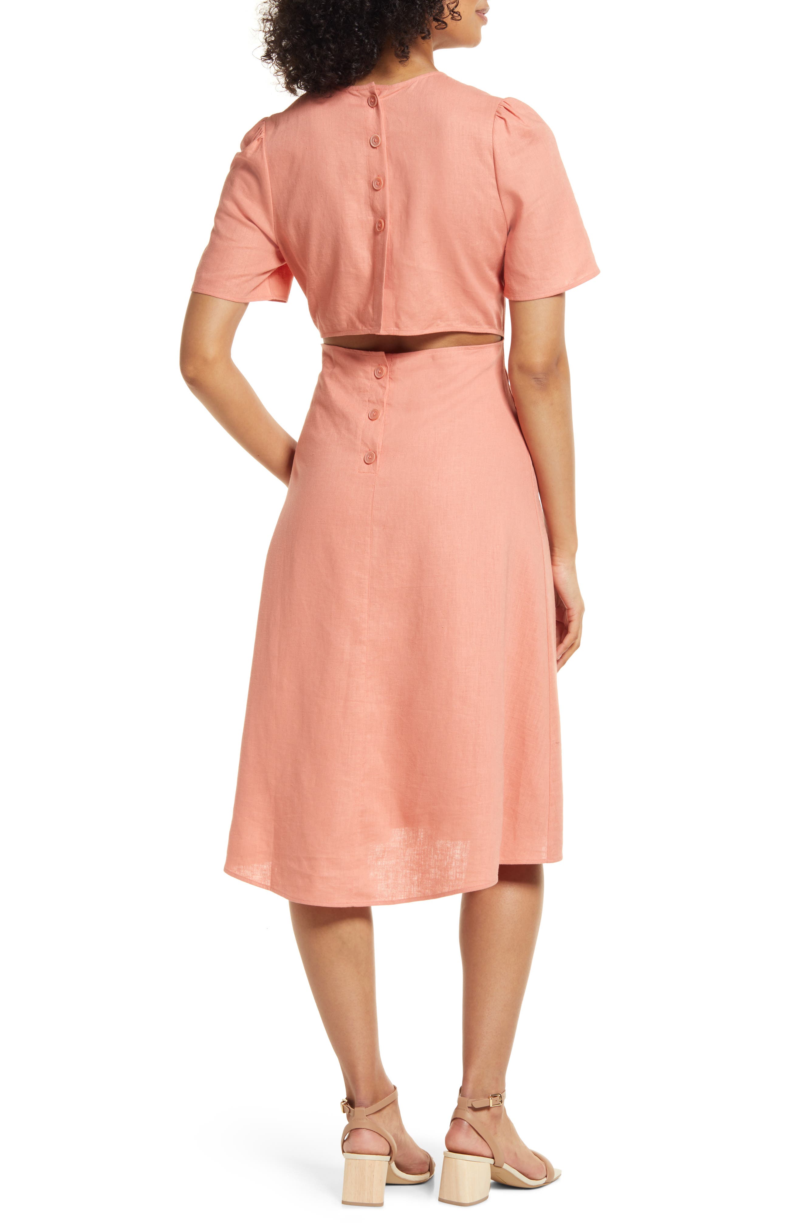 Open Back Puff Sleeve Linen Blend Midi 