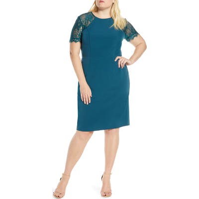 Plus Size Chi Chi London Curve Tia Crepe & Lace Cocktail Dress, Blue/green