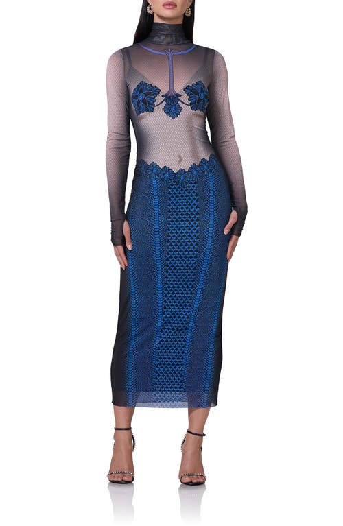 Afrm Shailene Long Sleeve Turtleneck Mesh Dress In Ornate Navy