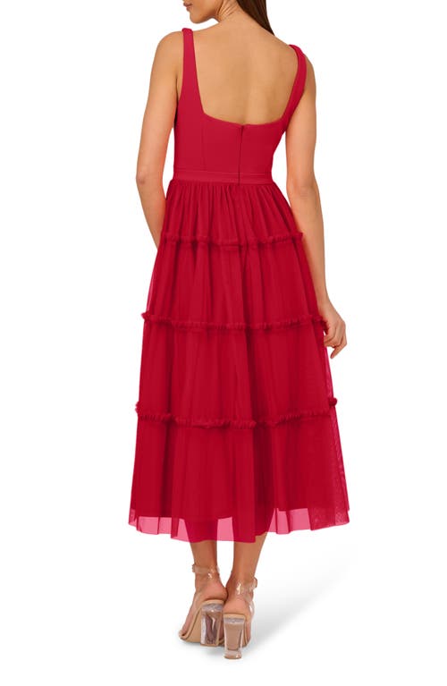 Shop Adrianna Papell Mesh Overlay Tiered Midi Cocktail Dress In Matador Red