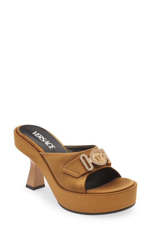 Versace Crystal Medusa Platform Slide Sandal in Tawny Brown-Versace Gold