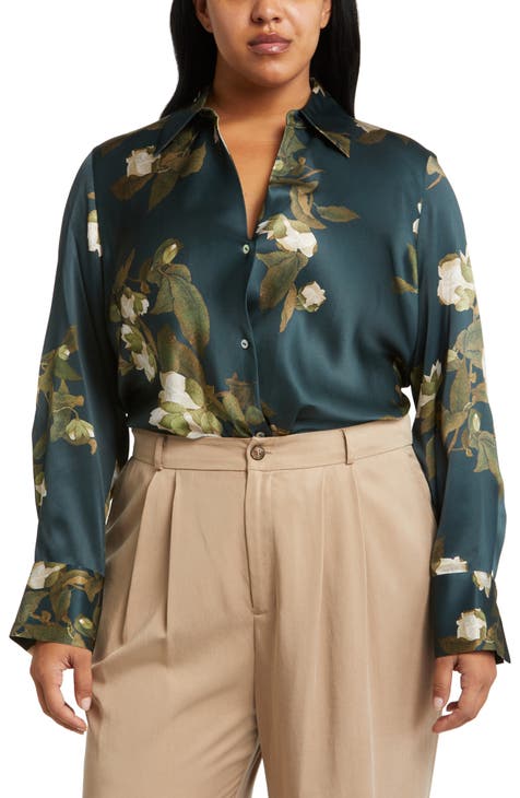 Camellia Print Silk Button-Up Shirt (Plus)