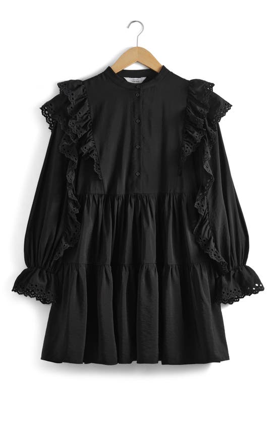 Shop & Other Stories Eyelet Ruffle Long Sleeve Mini Shirtdress In Black Dark