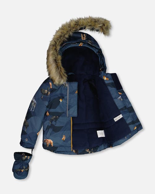 Shop Deux Par Deux Baby Boy's Two Piece Baby Snowsuit Ochre And Navy Printed Mountains Animals In Golden Oak