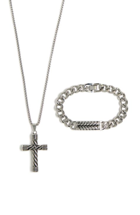 Men's Cross Pendant Necklace & Chain Bracelet Set