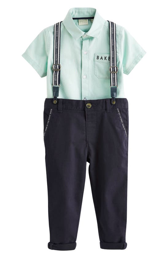 Shop Baker By Ted Baker Kids' Short Sleeve Button-up Shirt, Trousers & Suspenders Set In Green Multi