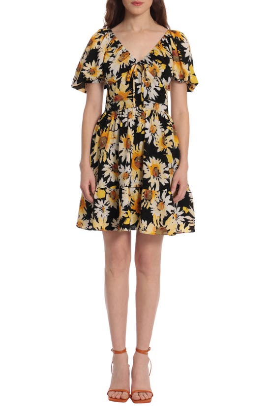 Donna Morgan Sunflower Print Mini Dress In Black/ Amber | ModeSens