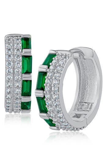 Cz By Kenneth Jay Lane Cubic Zirconia Triple Row Huggie Hoop Earrings In Green/silver