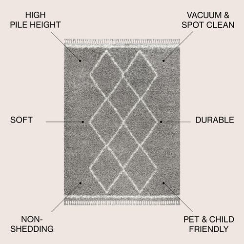 Jonathan Y Mercer Shag Plush Tassel Moroccan Geometric Trellis Denim Area Rug In Gray/cream