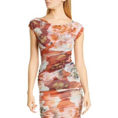 Fuzzi Crisscross Floral Print Mesh Top, White