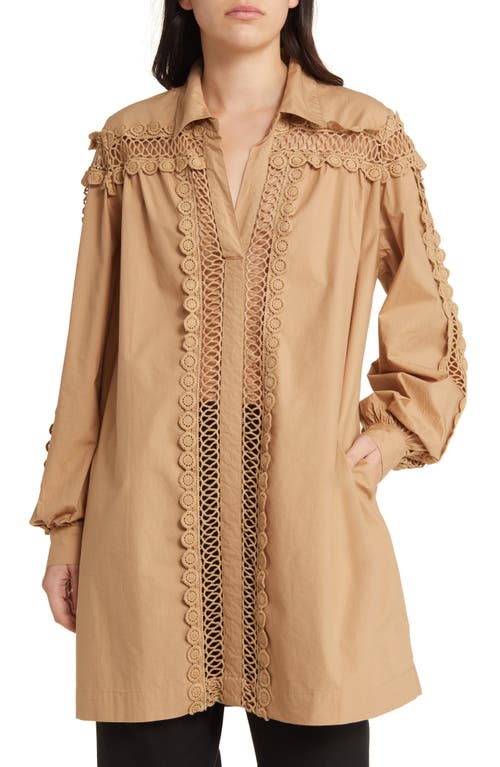 Gerel Embroidered Inset Cotton Tunic Shirt in Tannin