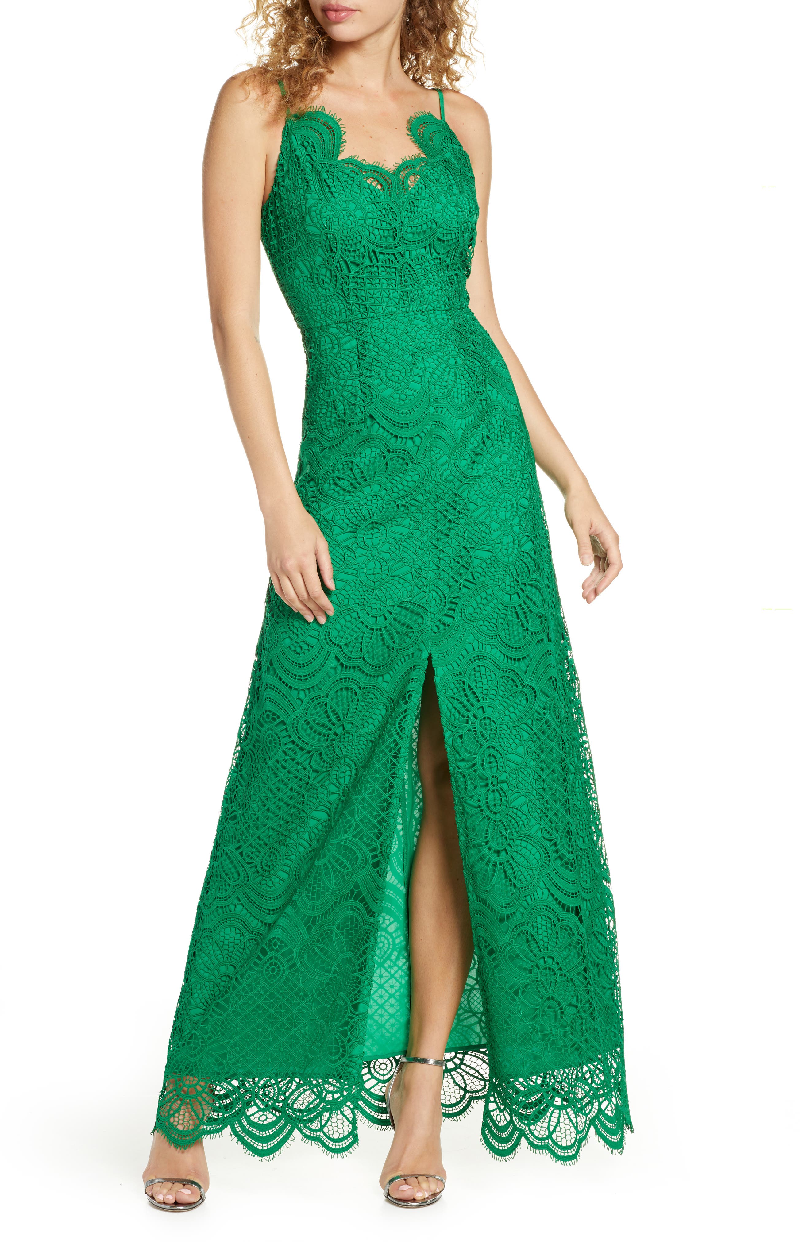 Foxiedox Embroidered Lace Evening Gown, Green