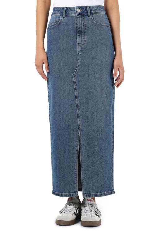 Kath Front Slit Denim Maxi Skirt in Medium Blue Denim