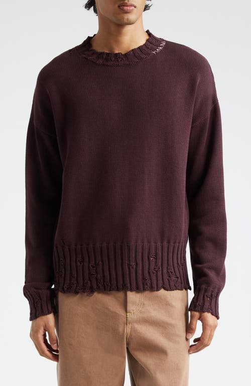 Shop Marni Oversize Distressed Cotton Crewneck Sweater In Wine