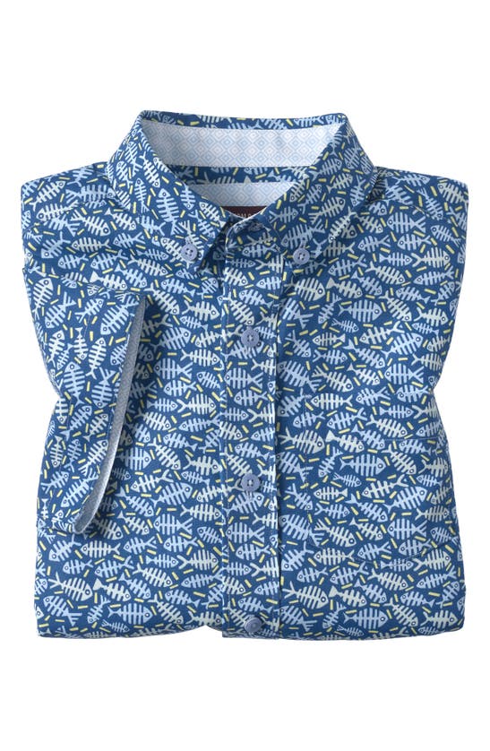 Shop Johnston & Murphy Kids' Fishbone Print Short Sleeve Cotton Button-down Shirt In Navy