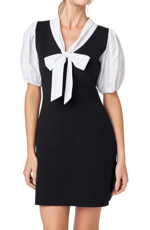 ENGLISH FACTORY ENGLISH FACTORY BOW TIE PUFF SLEEVE MIXED MEDIA MINIDRESS 