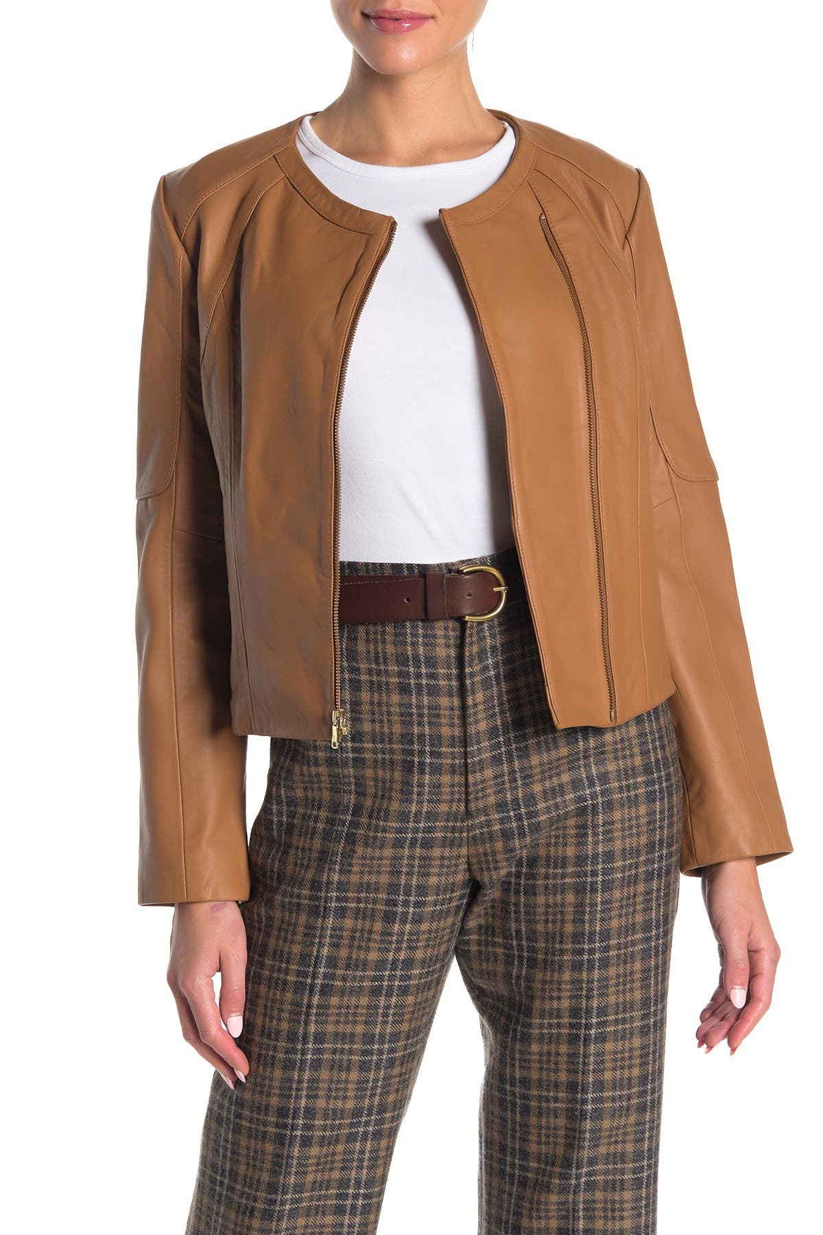 Cole Haan Lambskin Leather Jacket In Hazelnut
