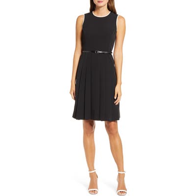 Anne Klein Piped Detail Belted Fit & Flare Dress, Black