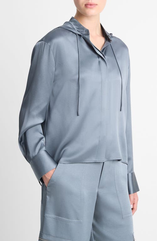 Shop Vince Hooded Silk Button-up Shirt In Lake Stone