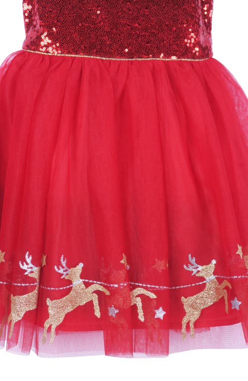 Zunie Kids' Glitter Reindeer Border Print Sequin Dress In Red