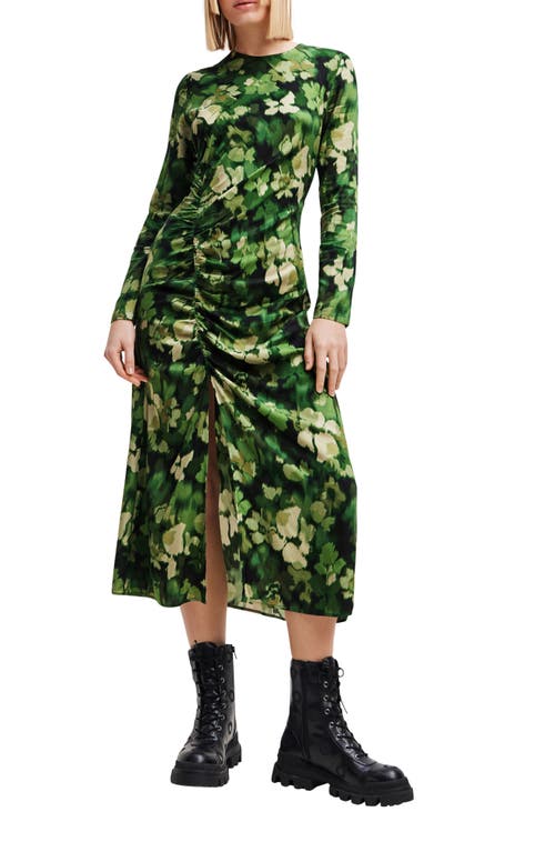 Desigual Camoflower Print Ruched Long Sleeve Midi Dress Green at Nordstrom,