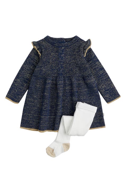 Gold Tweed Long Sleeve Sweater Dress & Tights Set (Baby)