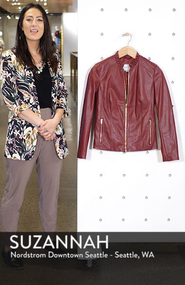 Cole Haan Womens Faux Leather Ruffle Collar Jacket