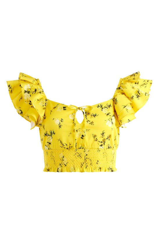 ALICE AND OLIVIA SHANAE FLORAL PRINT RUFFLE SMOCKED CROP TOP