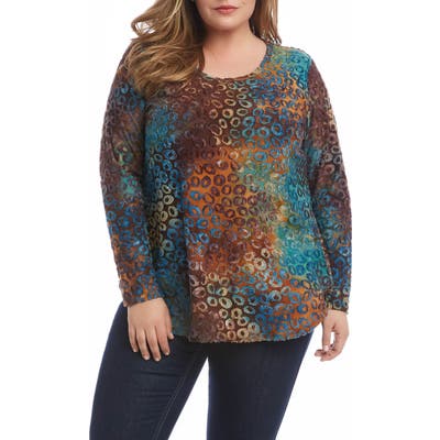 Plus Size Karen Kane Tie Dye Burnout Long Sleeve Shirttail Tee, Brown