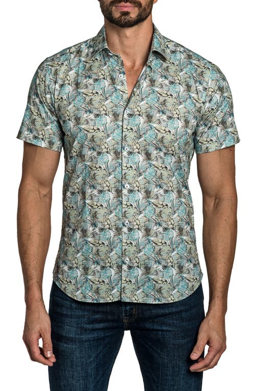 Jared Lang Trim Fit Tropical Print Short Sleeve Cotton Button-Up Shirt Off White Floral at Nordstrom,