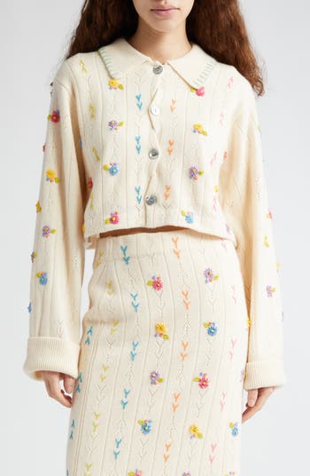 YanYan Daisy Embroidered Pointelle Knit Lambswool Crop Cardigan